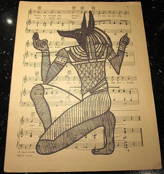 Anubis Egyptian Art Print on Vintage Music Sheet