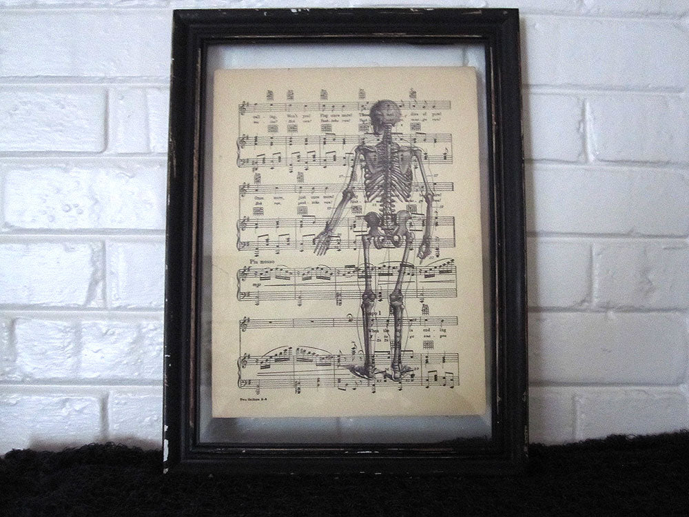 Standing Skeleton Back Art Print on Vintage Music Sheet