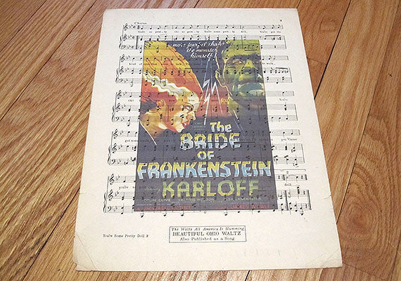Bride of Frankenstein Art Print on Vintage Music Sheet