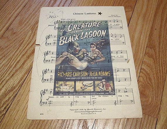 Creature from the Black Lagoon Art Print on Vintage Music Sheet