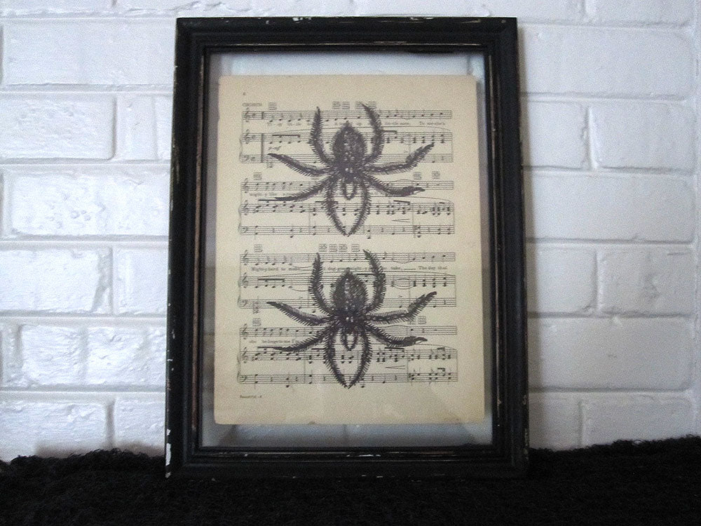 Double Spider Art Print on Vintage Music Sheet