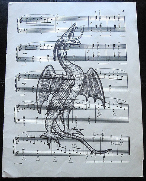 Dragon Art Print on Vintage Music Sheet