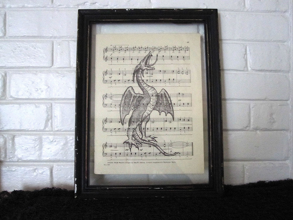 Dragon Art Print on Vintage Music Sheet