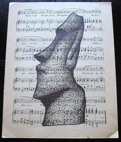 Easter Island Head Art Print on Vintage Music Sheet
