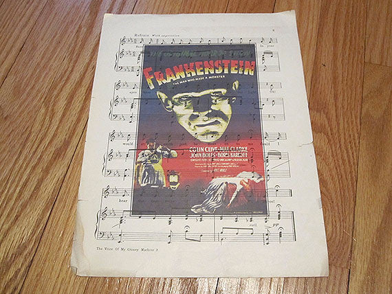 Frankenstein Art Print on Vintage Music Sheet