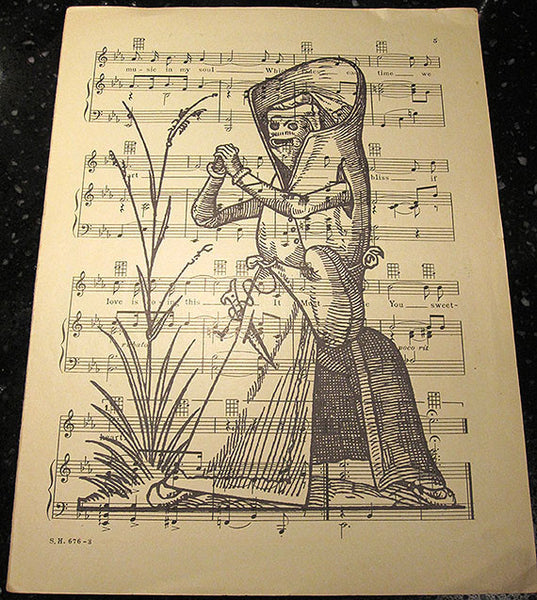 Vintage Halloween Figure Art Print on Vintage Music Sheet