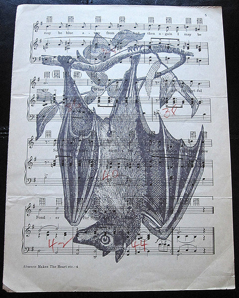 Hanging from a Branch Bat Art Print on Vintage Music Sheet