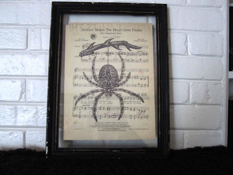 Hanging Spider Art Print on Vintage Music Sheet