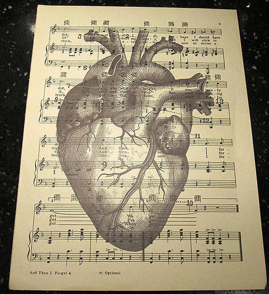 Veiny Heart Art Print on Vintage Music Sheet