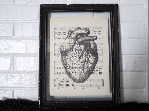 Heart Art Print on Vintage Music Sheet