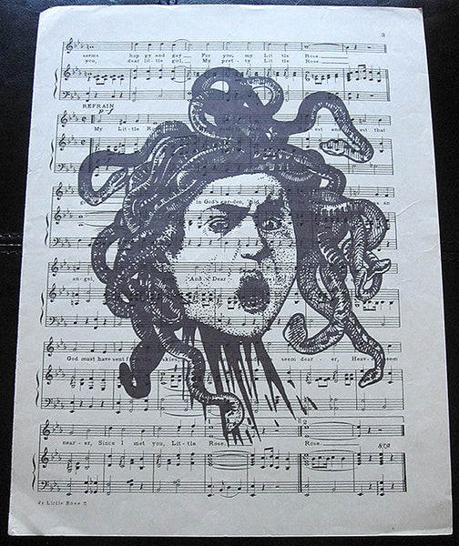 Medusa's Head Art Print on Vintage Music Sheet