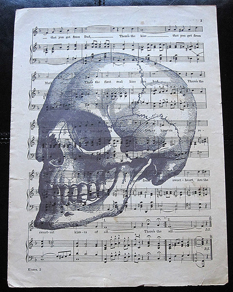 Skull Art Print on Vintage Music Sheet