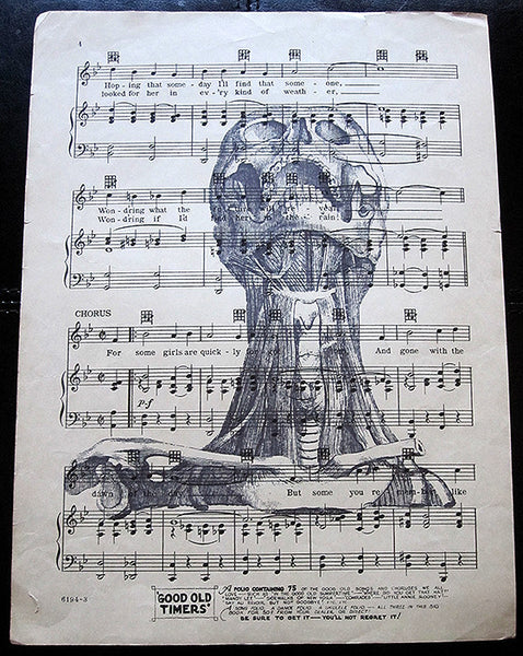 Screaming Human Skull Art Print on Vintage Music Sheet
