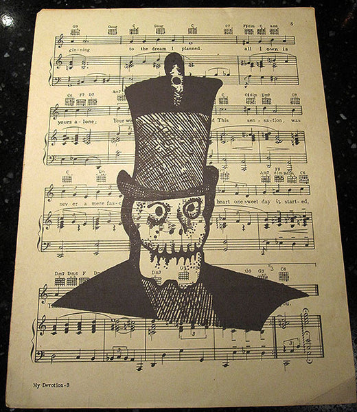 Skeleton Man Art Print on Vintage Music Sheet