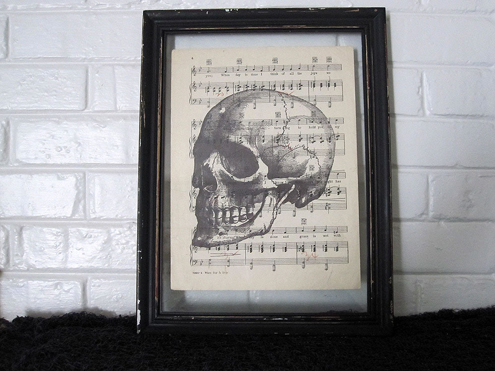 Skull Art Print on Vintage Music Sheet