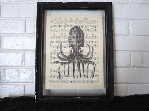 Vintage Squid Art Print on Music Sheet