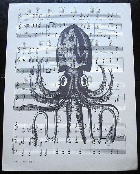 Vintage Squid Art Print on Music Sheet