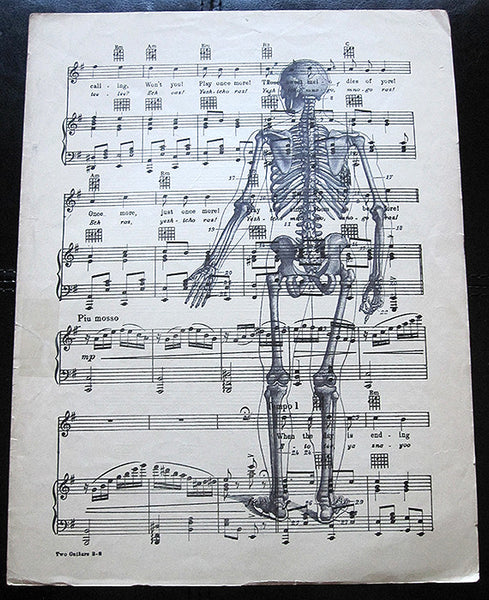 Standing Skeleton Back Art Print on Vintage Music Sheet