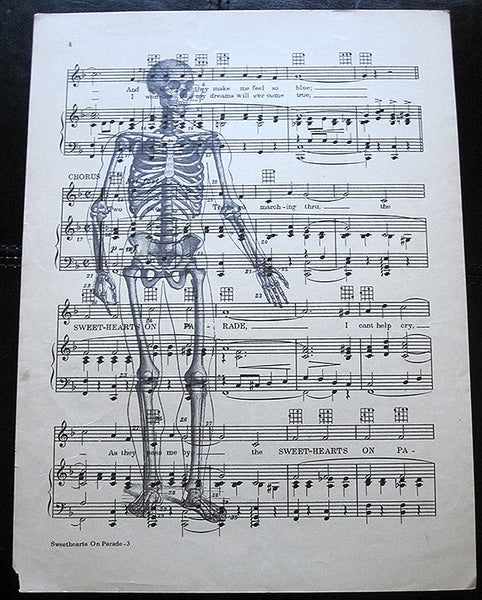 Standing Skeleton Front Art Print on Vintage Music Sheet