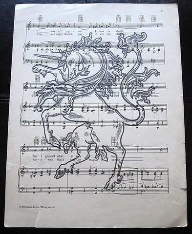 Unicorn Art Print on Vintage Music Sheet